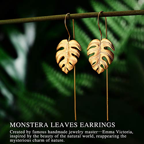Springlight Pendientes colgantes de plata esterlina S925 Pendientes colgantes de hojas de Monstera para mujeres y niñas, regalo de joyería único hecho a mano(Gold)