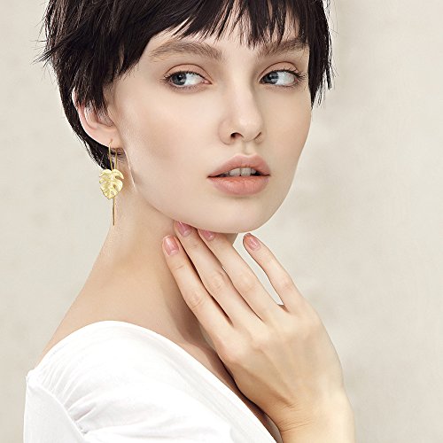 Springlight Pendientes colgantes de plata esterlina S925 Pendientes colgantes de hojas de Monstera para mujeres y niñas, regalo de joyería único hecho a mano(Gold)
