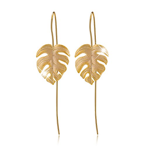 Springlight Pendientes colgantes de plata esterlina S925 Pendientes colgantes de hojas de Monstera para mujeres y niñas, regalo de joyería único hecho a mano(Gold)