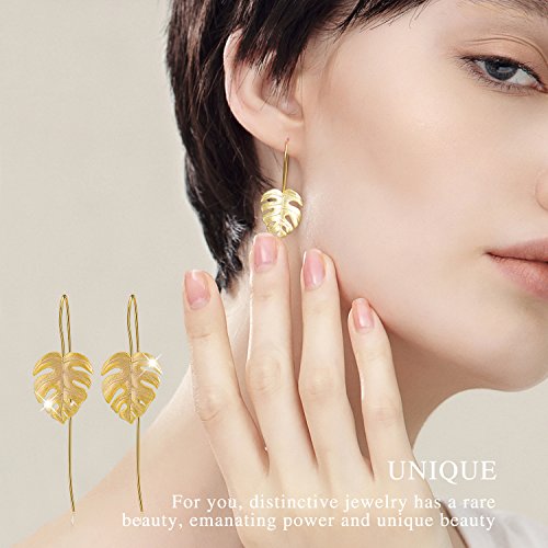 Springlight Pendientes colgantes de plata esterlina S925 Pendientes colgantes de hojas de Monstera para mujeres y niñas, regalo de joyería único hecho a mano(Gold)