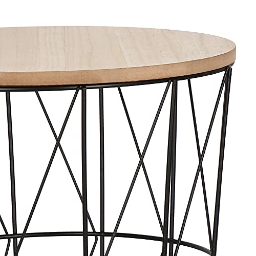 SPRINGOS mesa con cesta de alambre y tapa, mesa auxiliar, medidas: 35 x 30 cm (alto x ancho), redonda, industrial (negro/natural, 35 x 30 x 30 cm)