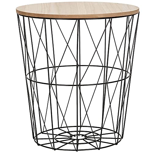SPRINGOS mesa con cesta de alambre y tapa, mesa auxiliar, medidas: 35 x 30 cm (alto x ancho), redonda, industrial (negro/natural, 35 x 30 x 30 cm)