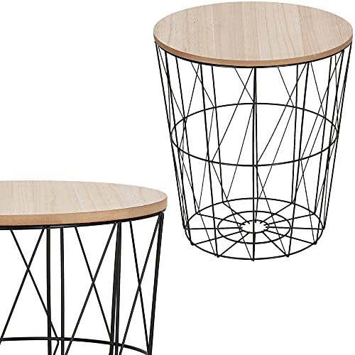 SPRINGOS mesa con cesta de alambre y tapa, mesa auxiliar, medidas: 35 x 30 cm (alto x ancho), redonda, industrial (negro/natural, 35 x 30 x 30 cm)