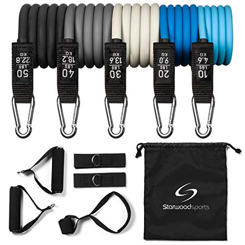 Starwood Sports Bandas elásticas de musculación - Set de 5 - Con asas, correas para tobillos y anclaje para puerta - Hasta 68 kg de resistencia - Bandas elásticas para hombres y mujeres - Gris y negro