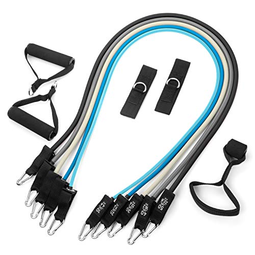 Starwood Sports Bandas elásticas de musculación - Set de 5 - Con asas, correas para tobillos y anclaje para puerta - Hasta 68 kg de resistencia - Bandas elásticas para hombres y mujeres - Gris y negro