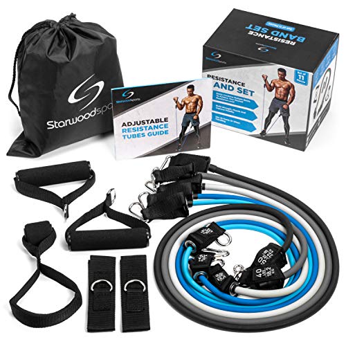 Starwood Sports Bandas elásticas de musculación - Set de 5 - Con asas, correas para tobillos y anclaje para puerta - Hasta 68 kg de resistencia - Bandas elásticas para hombres y mujeres - Gris y negro