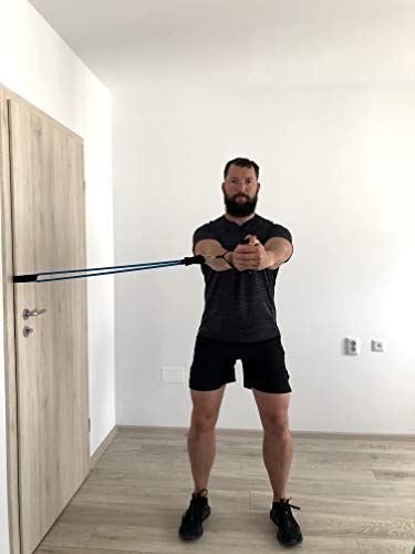 Starwood Sports Bandas elásticas de musculación - Set de 5 - Con asas, correas para tobillos y anclaje para puerta - Hasta 68 kg de resistencia - Bandas elásticas para hombres y mujeres - Gris y negro