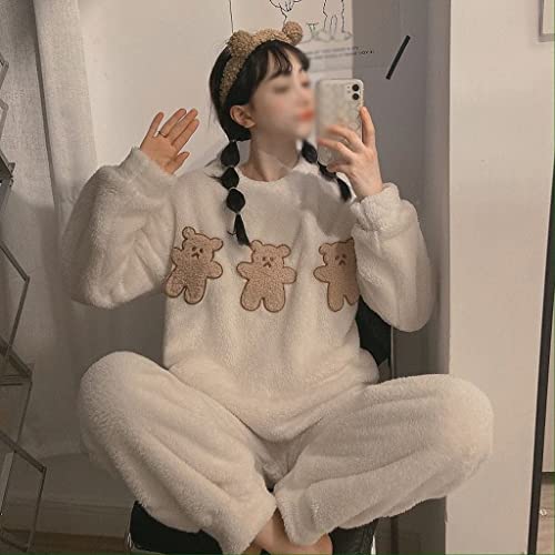 STRAW Franela Pijamas cálida invierno coral vellón manga larga dibujos animados de fresa pijamas 2 piezas conjunto casero tops (Color : White, Size : XX-Large)