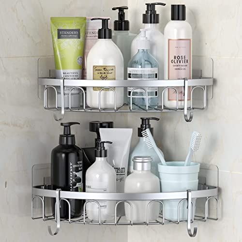 stusgo Estanteria Ducha Estantería de Esquina para Baño, Organizador Baño Pared con 4 Ganchos, Autoadhesivo Estantes Para Ducha, 2 Piezas