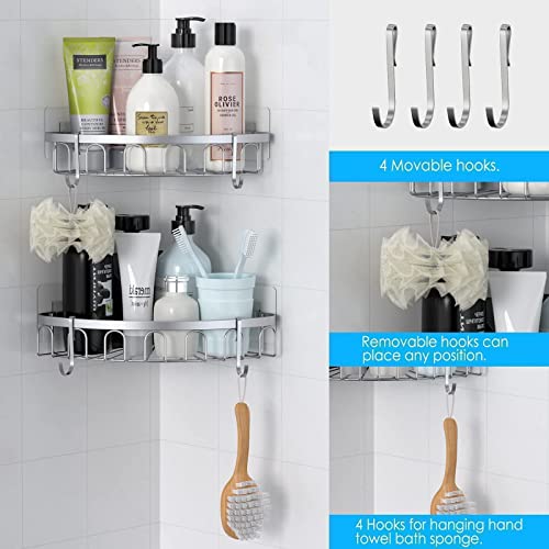 stusgo Estanteria Ducha Estantería de Esquina para Baño, Organizador Baño Pared con 4 Ganchos, Autoadhesivo Estantes Para Ducha, 2 Piezas