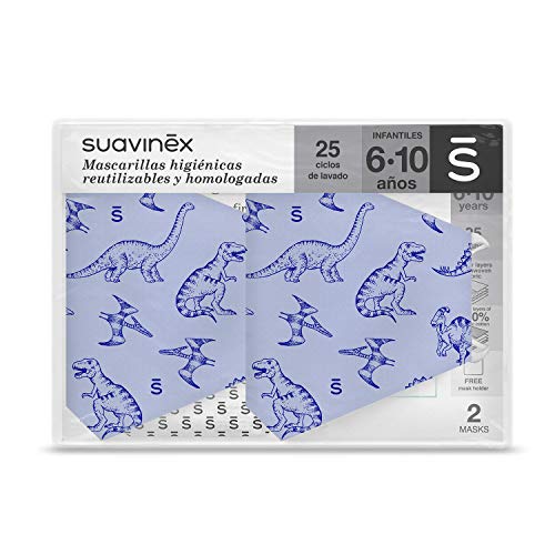 SUAVINEX Mascarillas Infantiles 6-10 Años Higiénicas Reutilizables Certificadas y Homologadas. 3 Capas. 25 Ciclos de Lavado. Fabricadas en España, 2 Unidades, Azul 30 g