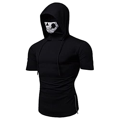 Sudadera Capucha Hombre Verano Básica Ajustado Elásticos Lazada Hombre Shirt Moderna Personalidad Mascarilla Manga Corta Diaria Casual Cómodo All-Match Camiseta B-Black L