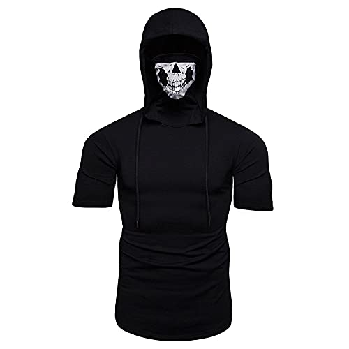 Sudadera Capucha Hombre Verano Básica Ajustado Elásticos Lazada Hombre Shirt Moderna Personalidad Mascarilla Manga Corta Diaria Casual Cómodo All-Match Camiseta B-Black L