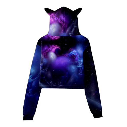 Sudadera de Cielo Estrellado Suéter con Orejas de Gato Lindo Pullover de Ombligo Expuesto Jersey de Manga Larga Informal Top Corto con Estampado Encantador Sudadera con Capucha XS