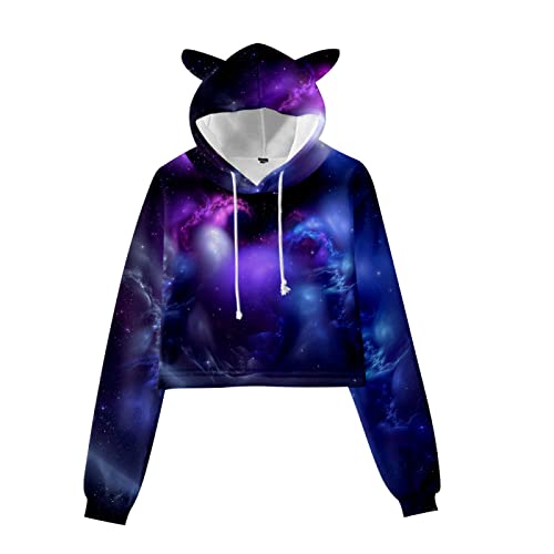 Sudadera de Cielo Estrellado Suéter con Orejas de Gato Lindo Pullover de Ombligo Expuesto Jersey de Manga Larga Informal Top Corto con Estampado Encantador Sudadera con Capucha XS