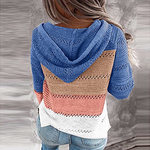 Suéteres ligeros con capucha de bloque de color de manga larga con cuello en V y cordón suelto/Sudaderas con cremallera completa, D-azul, XL