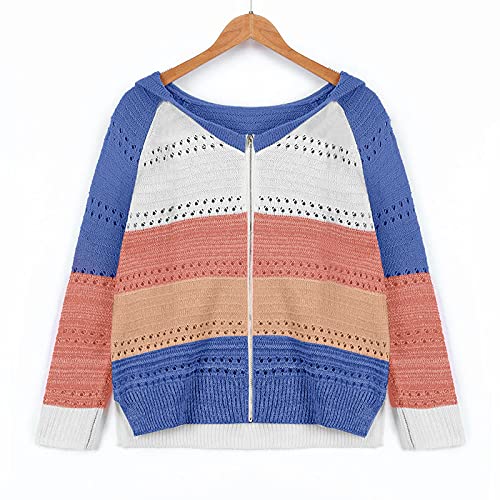 Suéteres ligeros con capucha de bloque de color de manga larga con cuello en V y cordón suelto/Sudaderas con cremallera completa, D-azul, XL
