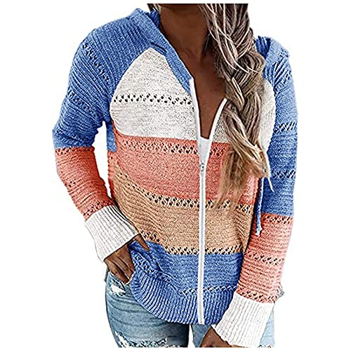 Suéteres ligeros con capucha de bloque de color de manga larga con cuello en V y cordón suelto/Sudaderas con cremallera completa, D-azul, XL