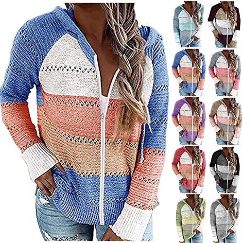 Suéteres ligeros con capucha de bloque de color de manga larga con cuello en V y cordón suelto/Sudaderas con cremallera completa, D-azul, XL