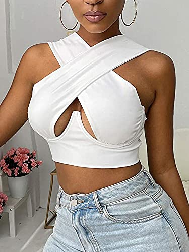 Sunfanrtnn Camiseta de tirantes para mujer con cuello halter cruzado, Y2K, sexy, espalda descubierta, camiseta básica, camiseta Cami Wrap Top, Blanco, M