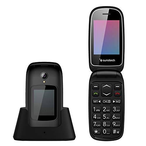 Sunstech CELT22 - Teléfono móvil Senior con Tapa Tipo Concha, Doble Pantalla, Grandes Teclas y botón SOS. Integra Dual SIM, cámara y conexión Bluetooth Personas de Edad Avanzada. Color Negro