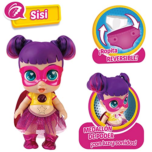 Super Cute - Super Cute Muñeca Superheroína Sisi con biberón, ropa reversible y accesorios Muñeca interactiva con luz y sonidos Muñecas niñas niños 3 años Muñecas bebé recién nacido (85393)