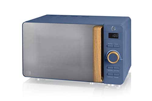 Swan Nordic Microondas digital 20L, 6 niveles funcionamiento, 800W potencia, temporizador 30 min, fácil limpieza, modo descongelar, diseño moderno, tirador efecto madera, azul mate