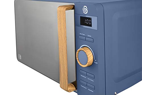 Swan Nordic Microondas digital 20L, 6 niveles funcionamiento, 800W potencia, temporizador 30 min, fácil limpieza, modo descongelar, diseño moderno, tirador efecto madera, azul mate