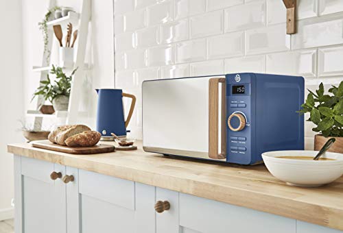 Swan Nordic Microondas digital 20L, 6 niveles funcionamiento, 800W potencia, temporizador 30 min, fácil limpieza, modo descongelar, diseño moderno, tirador efecto madera, azul mate