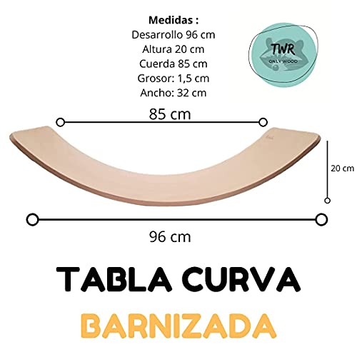 Tabla curva de madera pulida al natural barnizada al agua, fabricada de manera artesanal en Zaragoza (España). Tabla de equilibrio Montessori