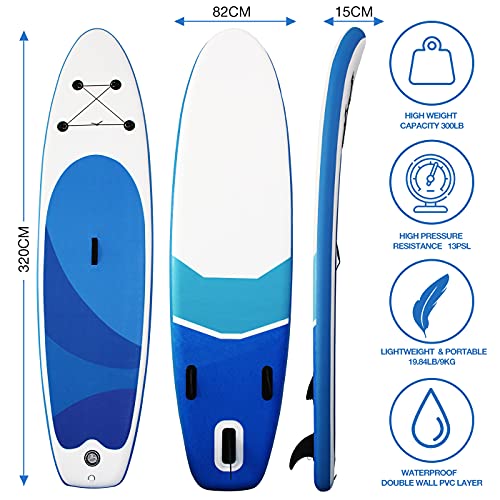 Tabla de surf de remo, hinchable, juego de 320 cm, soporta hasta 200 kg, tabla de surf con accesorios completos, para principiantes y adultos, niños (azul)