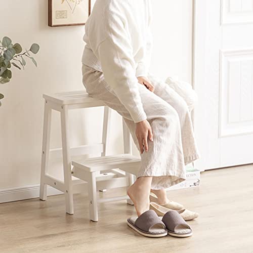 Taburete de 2 pasos Silla de escalera de madera, desplazados de las escaleras taburetes pequeños taburetes de pie Solución antideslizante para la biblioteca de casa Cocina de cocina escalera blanco