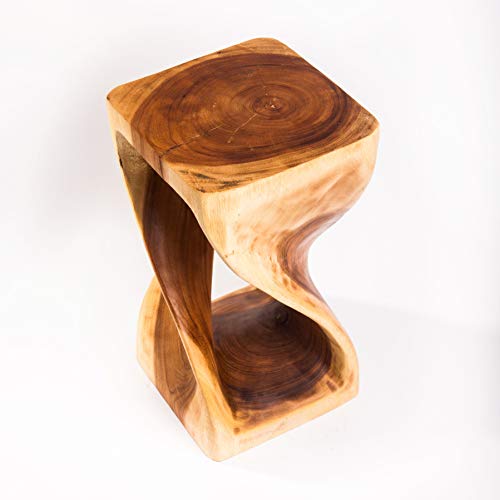 Taburete de madera natural y maciza con forma en espiral, 50 x 28 x 28 cm, adecuado también como mesa auxiliar, soporte para flores o macetas