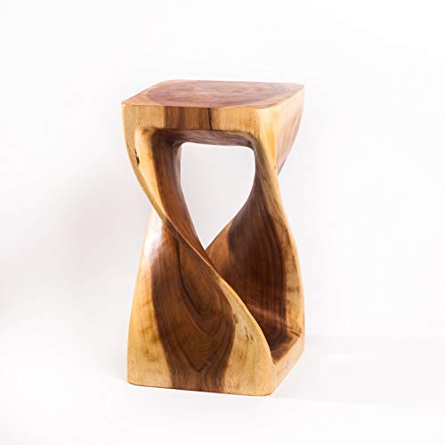 Taburete de madera natural y maciza con forma en espiral, 50 x 28 x 28 cm, adecuado también como mesa auxiliar, soporte para flores o macetas