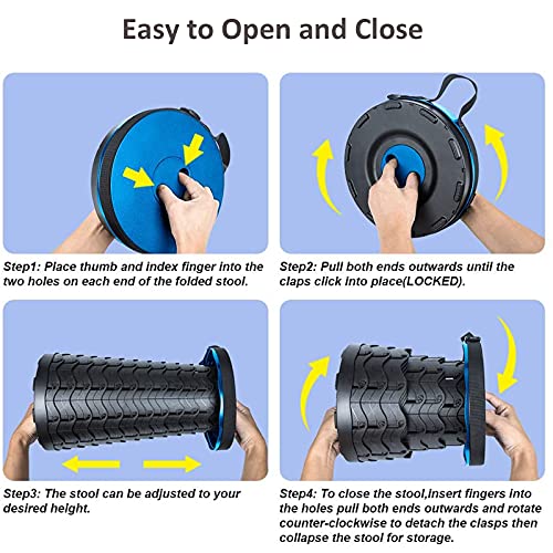 Taburete Plegable Portátil,Taburete de Camping y Taburetes Telescópico Portátil Silla Plegable de Altura Ajustable, para Exterior Acampar Pesca, Barbacoa, Montañismo, Carga Máxima de 180 Kg - Azul