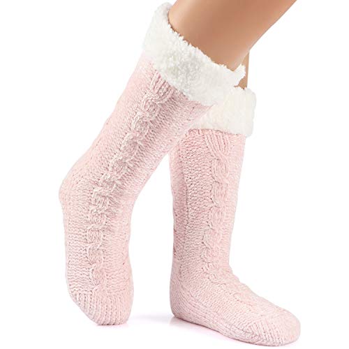 Tacobear Zapatillas Casa Mujer Calcetines Antideslizantes Cálido Calcetines Invierno con suela Calcetines Zapatilla Gruesos Lana Calcetines de Piso para Mujer Hombres (Rosado, sin pompom)
