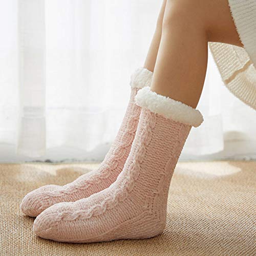 Tacobear Zapatillas Casa Mujer Calcetines Antideslizantes Cálido Calcetines Invierno con suela Calcetines Zapatilla Gruesos Lana Calcetines de Piso para Mujer Hombres (Rosado, sin pompom)