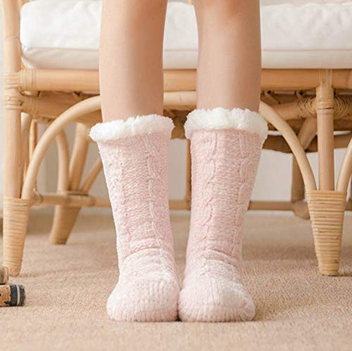 Tacobear Zapatillas Casa Mujer Calcetines Antideslizantes Cálido Calcetines Invierno con suela Calcetines Zapatilla Gruesos Lana Calcetines de Piso para Mujer Hombres (Rosado, sin pompom)