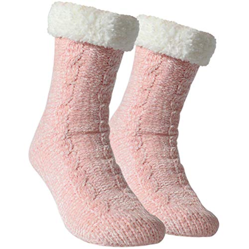 Tacobear Zapatillas Casa Mujer Calcetines Antideslizantes Cálido Calcetines Invierno con suela Calcetines Zapatilla Gruesos Lana Calcetines de Piso para Mujer Hombres (Rosado, sin pompom)