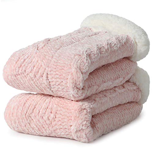 Tacobear Zapatillas Casa Mujer Calcetines Antideslizantes Cálido Calcetines Invierno con suela Calcetines Zapatilla Gruesos Lana Calcetines de Piso para Mujer Hombres (Rosado, sin pompom)