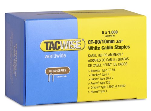 Tacwise 1094 Blanca y de Puntas Divergentes CT-60/10mm, Caja de 5 x 1,000 Grapas para Cables de Color CT60/10mm, 10 mm