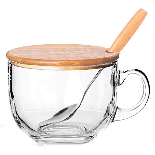 TAMUME 470ml Copa de Cristal para Microondas con Tapa de Madera, Incluye una Cuchara con Mango de Madera, Taza de Café de Cristal y taza de té