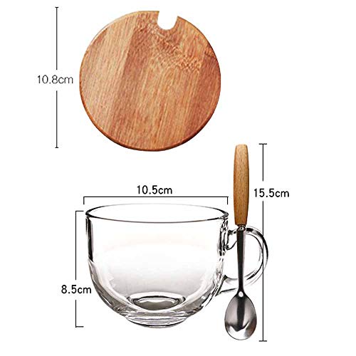 TAMUME 470ml Copa de Cristal para Microondas con Tapa de Madera, Incluye una Cuchara con Mango de Madera, Taza de Café de Cristal y taza de té