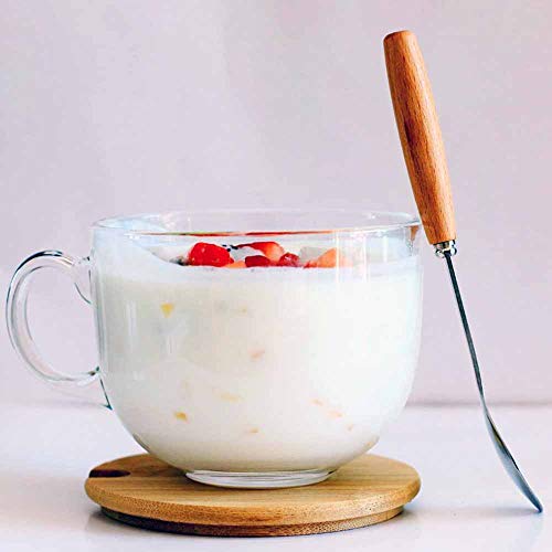 TAMUME 470ml Copa de Cristal para Microondas con Tapa de Madera, Incluye una Cuchara con Mango de Madera, Taza de Café de Cristal y taza de té