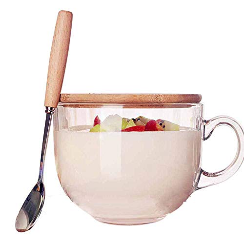TAMUME 470ml Copa de Cristal para Microondas con Tapa de Madera, Incluye una Cuchara con Mango de Madera, Taza de Café de Cristal y taza de té