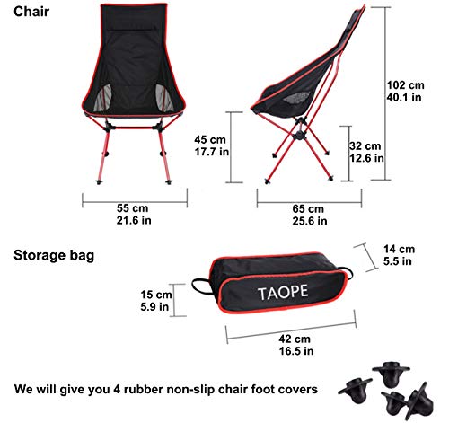 TAOPE Silla de Camping Plegable, Ligera, Portátil, para Exteriores, para Pesca, jardín, Senderismo, mochilero, Viajes, Barbacoa, Playa (Soporta hasta 220 Libras) -Rojo