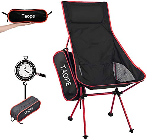 TAOPE Silla de Camping Plegable, Ligera, Portátil, para Exteriores, para Pesca, jardín, Senderismo, mochilero, Viajes, Barbacoa, Playa (Soporta hasta 220 Libras) -Rojo