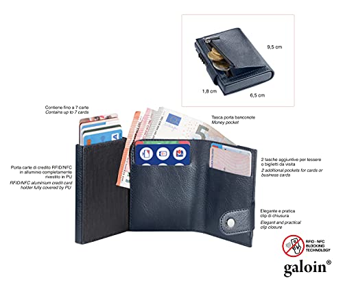 Tarjeteros para Tarjetas de Credito galoin® Cartera Hombre y Mujer Cremaliera Tarjetas Ideas de Regalo Bloque RFID/NFC Blindado Cuero PU Aluminio Antifraude Azul Oscuro (con Monedero)