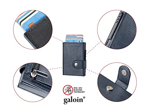 Tarjeteros para Tarjetas de Credito galoin® Cartera Hombre y Mujer Cremaliera Tarjetas Ideas de Regalo Bloque RFID/NFC Blindado Cuero PU Aluminio Antifraude Azul Oscuro (con Monedero)