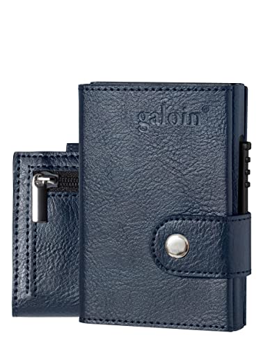 Tarjeteros para Tarjetas de Credito galoin® Cartera Hombre y Mujer Cremaliera Tarjetas Ideas de Regalo Bloque RFID/NFC Blindado Cuero PU Aluminio Antifraude Azul Oscuro (con Monedero)